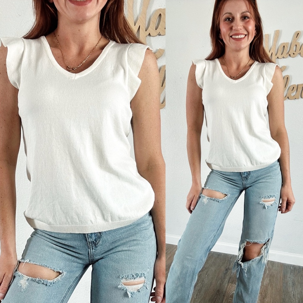 Cable & Gauge ivory knit ruffle statement sleeves Tank Top size petite medium